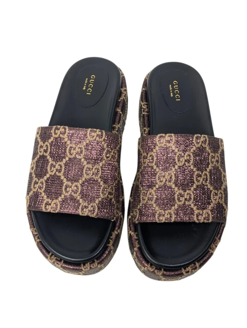 Gucci Brown Monogram Lame Angelina Platform Slide Sandals Size EU 39